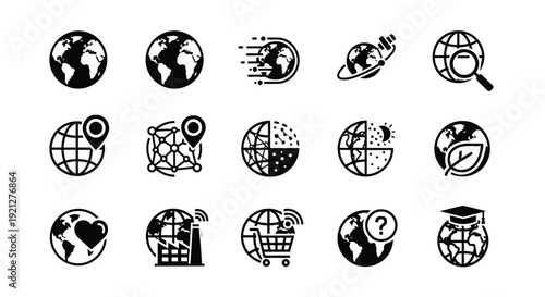 Multiple globe icons with various symbols a striking silhouette