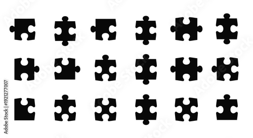 Collection of black puzzle pieces arranged in rows a silhouette