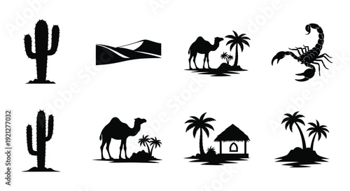 Desert icons featuring cacti camels and a scorpion silhouette