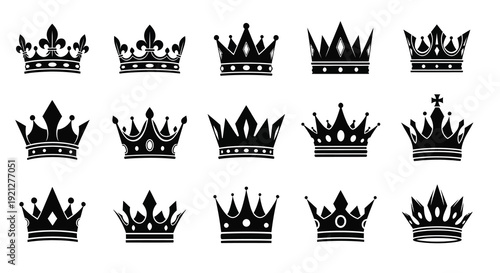 Collection of ornate royal crowns in a black silhouette