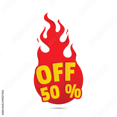 Half price burning flame badge featuring fifty percent discount for seasonal clearance and online shopping