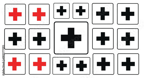 Grid of red and black plus signs within white squares a stark silhouette