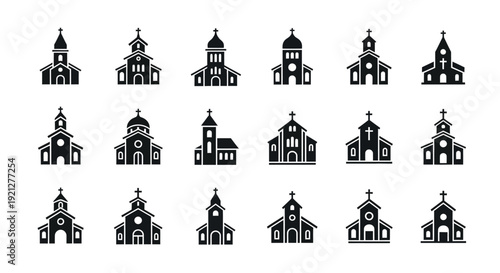 Collection of diverse church building designs in black silhouette