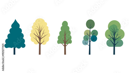 Set of tree and leaf collection hand-drawn flat design vector element. A botanical set of bare trees and ones with leaves and lush green. 