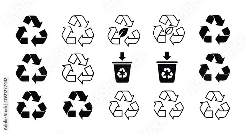 Multiple recycling symbols and trash cans in black silhouette