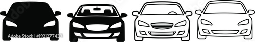 Four cars in different shading styles facing forward in a row