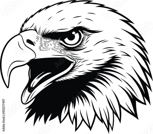 A black and white illustration of an eagle's head with an open beak