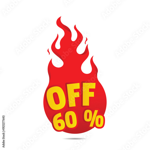 Hot glowing promotional element indicating sixty percent saving for commercial advertising and flash sale events