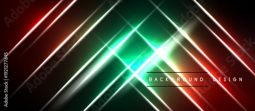 Abstract neon lights create dynamic diagonal lines. Red, green, white glow against black background. Modern design element.