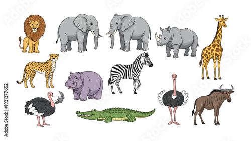 African Safari Animals Set: A vibrant illustration showcasing a diverse collection of iconic African wildlife, perfect for educational purposes or creative projects.