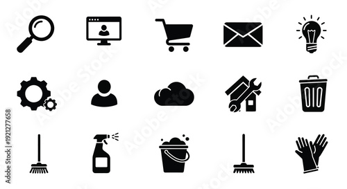 Collection of black glyph icons including a hand silhouette