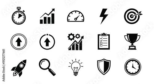 Collection of business icons representing growth and strategy silhouette
