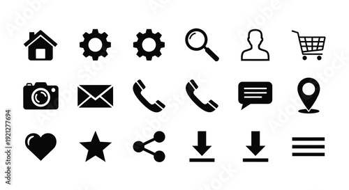 Collection of black icons representing various digital functions silhouette