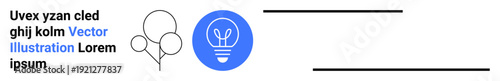 Sustainability, innovation, clean energy, eco-friendly concepts, green technology, modern design. Minimalistic light bulb icon with a leaf in blue circle and line art balloons. Sustainability