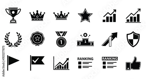 Black icons depicting achievements awards and ranking a silhouette