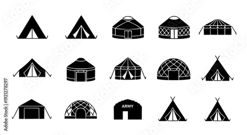 Military and Camping Tent Icon Vector Set Outdoor Shelter Yurts Marquees Collection
