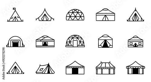 Camping and Military Tent Icon Set Vector Outdoor Shelters Yurts Marquee Symbols