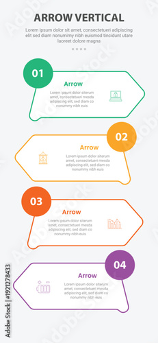 Arrow base shape mobile vertical template infographic with big container box with circle badge on top opposite position for mobile smartphone content with 4 points