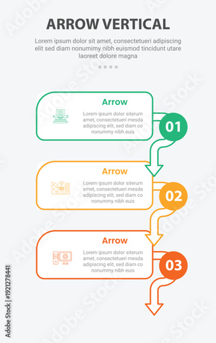 Arrow base shape mobile vertical template infographic with round rectangle with arrow bottom direction with circle badge for mobile smartphone content with 3 points