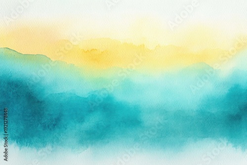 golden sunrise over turquoise watercolor wash and misty horizon with soft paper texture, tranquil and calm atmosphere