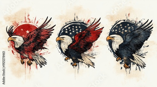 Three fierce flying bald eagles before grunge star medallions with red and blue circular backdrops, dynamic splatter texture conveying pride, power and motion