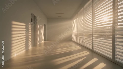 Morning sun diffuses through translucent blinds creating soft glowing light streaks along a silent minimalist hallway with seamless flooring