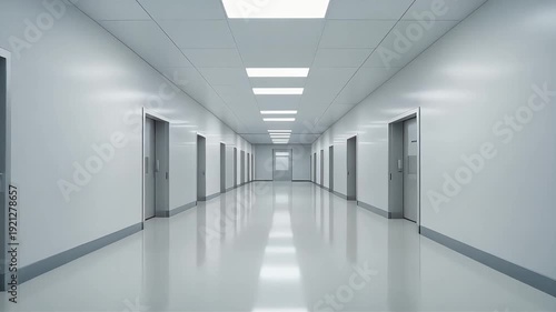 Ultra realistic wide shot of an empty minimalist hospital corridor white walls glossy floor soft reflections overhead LED panel lights symmetrical framing calm sterile atmosphere