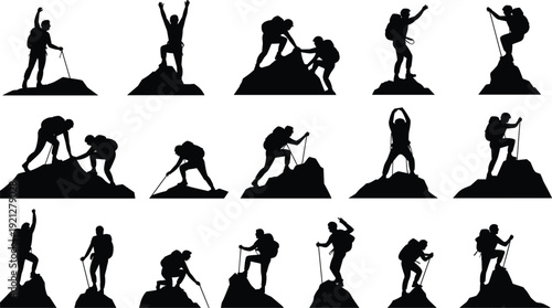 Silhouettes of hikers and climbers on mountain peaks celebrating success on a white background illustration