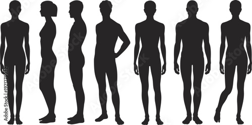 Silhouettes of male and female figures in full body standing poses on a white background illustration