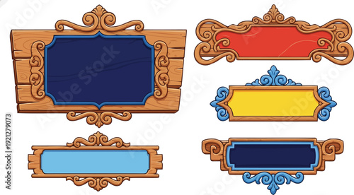 Classic blank wooden signboards with colorful ornate frames vector