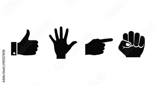 Four hand gestures depicted in a stark black silhouette
