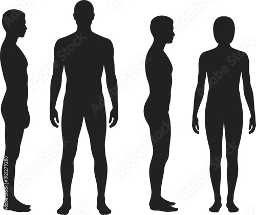 Silhouettes of male and female figures in standing poses on a white background illustration