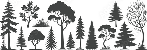 Forest trees silhouette collection, pine spruce oak deciduous evergreen plants isolated on white background, nature woodland flat vector illustration