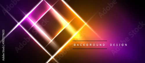 Vibrant neon lines intersect, creating geometric patterns. Gradient transitions from purple to orange dominate dark background. Modern design element.