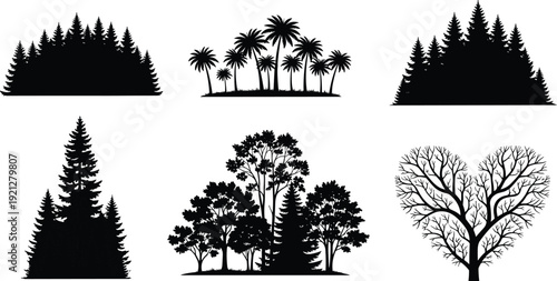 forest tree silhouette collection, black nature landscape set, pine and palm trees, woodland clipart, isolated vector design, botanical illustration