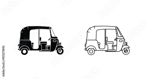 Two depictions of a tuk tuk vehicle one solid one outlined silhouette