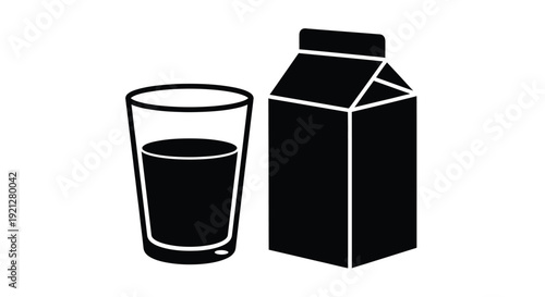 A glass and milk carton depicted in stark black silhouette