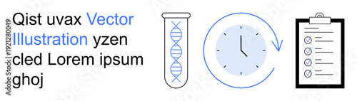 Scientific research, biotechnology, data analysis, time management, laboratory processes, workflow optimization. DNA strand in a test tube, clock and checklist icons. Scientific research