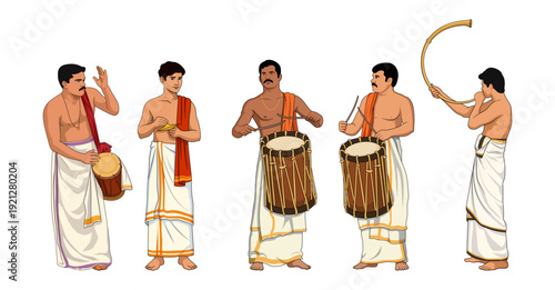 Illustration of five traditional kerala men performing music instruments Chenda, Elathalam, Kombu and Timila, Kerala temple festival and cultural illustration