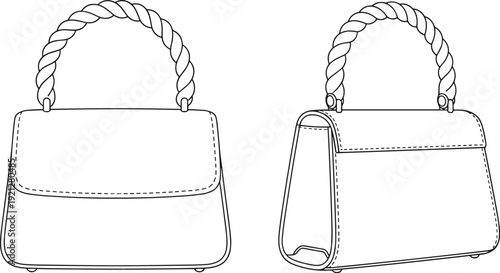 Handbag illustration set, front and side views with twisted rope handle, flap closure, and stitching details, fashion design artwork, flat vector illustration