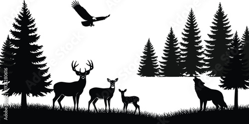 Forest wildlife silhouette with deer family, wolf and flying eagle among pine trees landscape, flat vector illustration