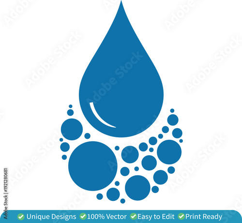 Water Drop Icon Vector – Blue Aqua Droplet with Bubble Circles, Water Logo Symbol