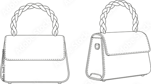Sling backpack technical illustration set, front and rear views with zipper compartments, mesh pocket, padded strap, and support feet, product design artwork, flat vector illustration
