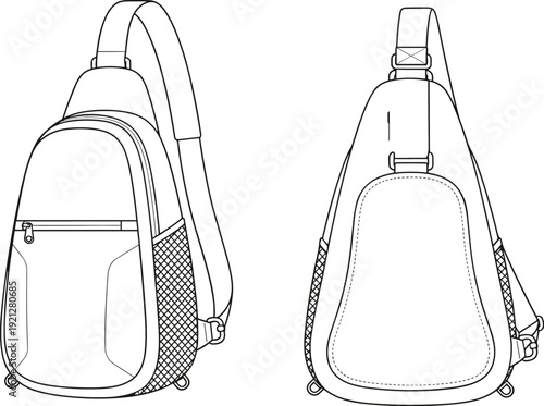 Sling backpack technical illustration set, front and back views with zipper pocket, mesh sides, and padded strap, product design artwork, flat vector illustration