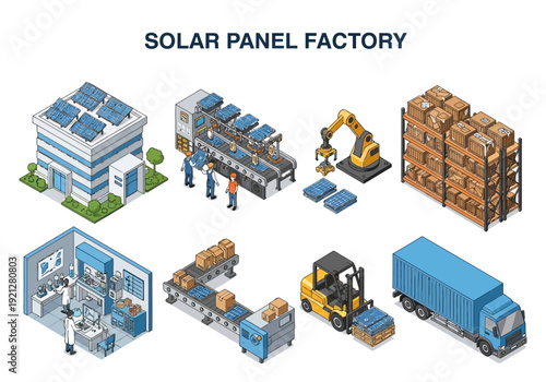 Solar panel manufacturing process from production to logistics, renewable energy industry