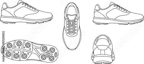 Athletic shoe technical illustration set, multiple angles with cleats, laces, stitching, and sole patterns, footwear design artwork, flat vector illustration