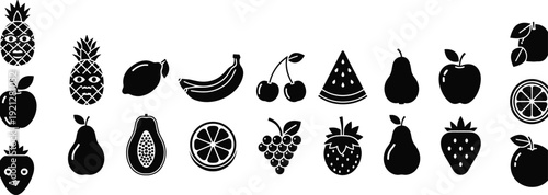 Set of fresh fruit icons including pineapple banana apple strawberry grape watermelon pear orange and lemon isolated on white background icons