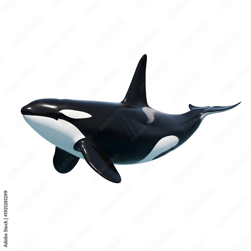 Fototapeta premium Black and white orca floating in ocean, perfect for marine wildlife, conservation, and design projects, isolated on white or transparent background. PNG format.