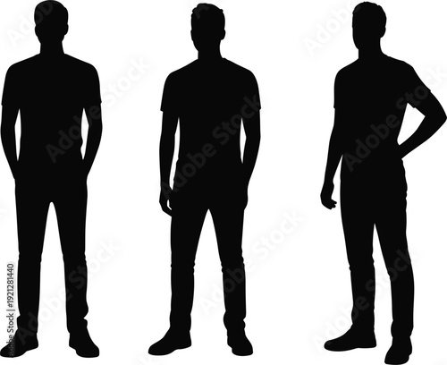 Three Male Silhouettes Standing With Hands In Pockets And One Hand On Hip person