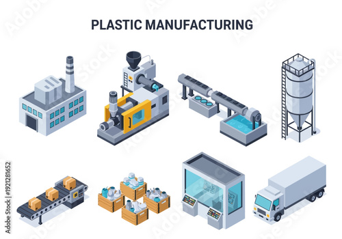 Set of isometric illustrations depicting the industrial process of plastic manufacturing, including factory buildings, machinery, and transportation